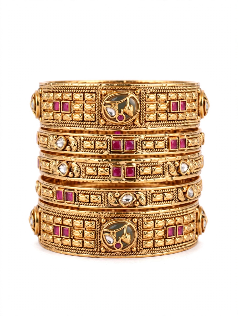 Royal Antique Rajwadi Chuda Set - Gold Plated Ruby & Kundan Bridal Bangle Set (6 Pcs) - 2 Pacheli Kada + 4 Choodi