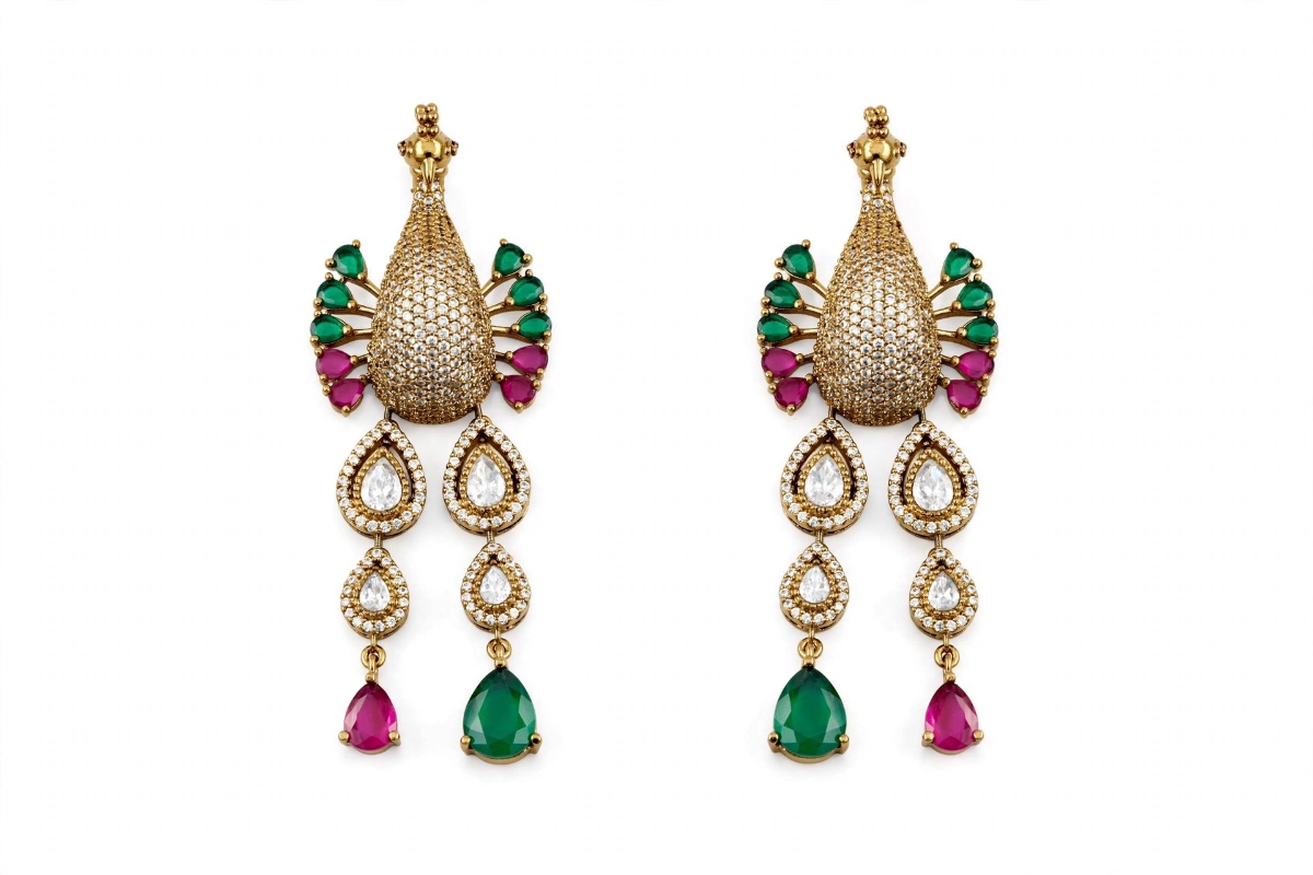 Royal Peacock Ruby-Emerald AD Bridal Necklace Set – view 3