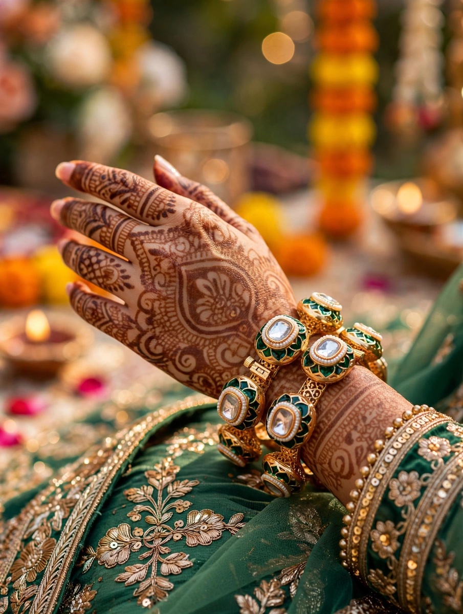 Emerald Lotus Pacheli Kada Pair - Gold Plated Green Meena Kundan Bangles with Polki & Pearl (Set of 2)