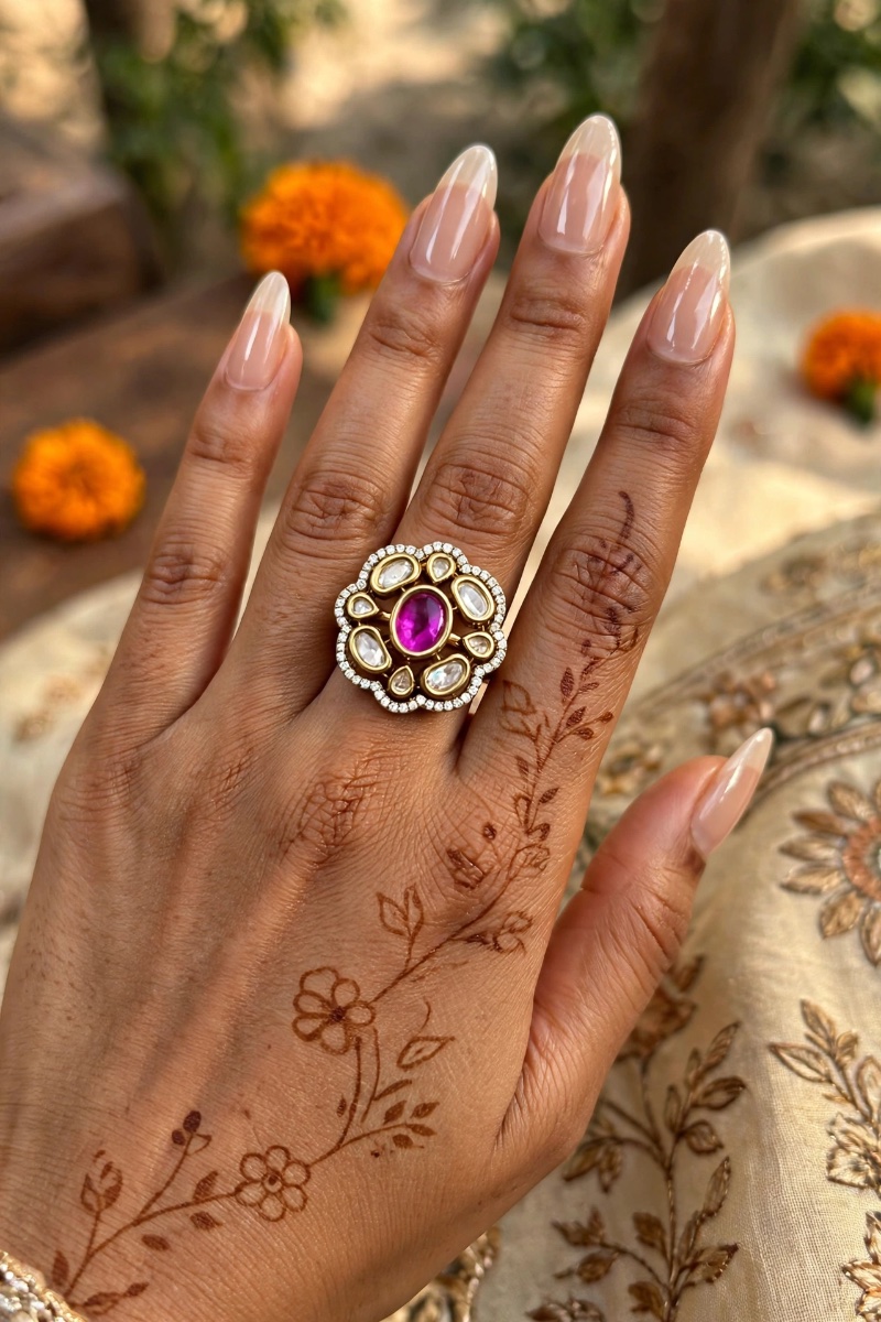 Gulabi Kundan Blossom Ring