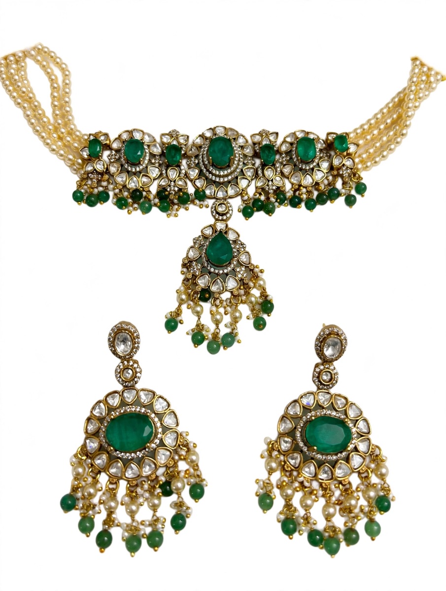 Emerald Green Polki Kundan Bridal Choker Set