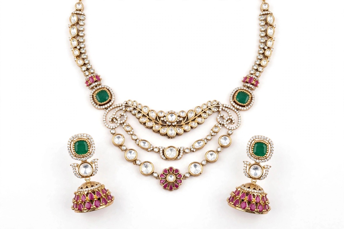 Traditional Kundan-Style Green & Ruby Bridal Necklace Set with Earrings