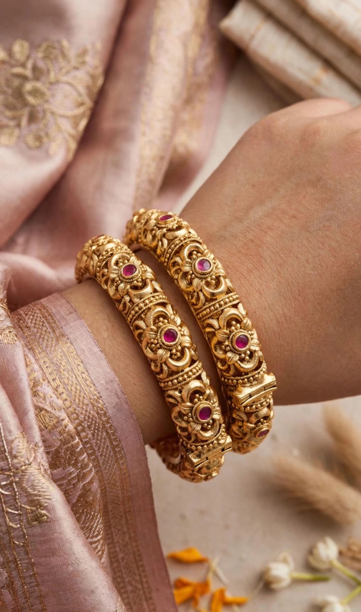 Antique Gold Temple Kada Bangles - Set of 2