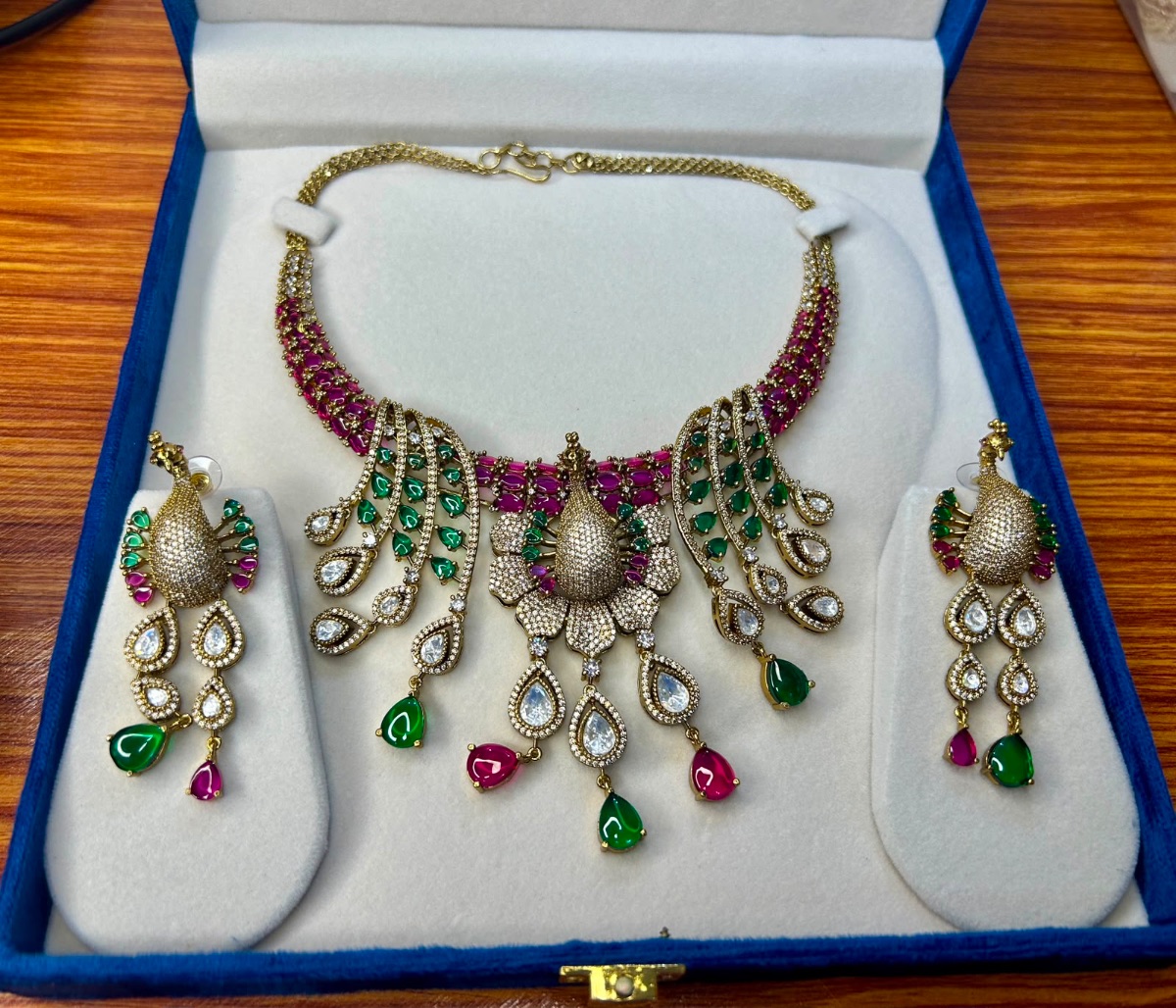 Royal Peacock Ruby-Emerald AD Bridal Necklace Set – view 5