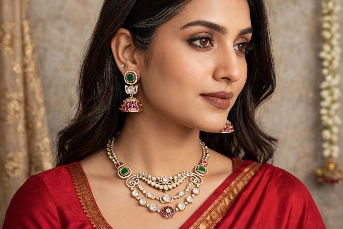 Traditional Kundan-Style Green & Ruby Bridal Necklace Set with Earrings – view 6