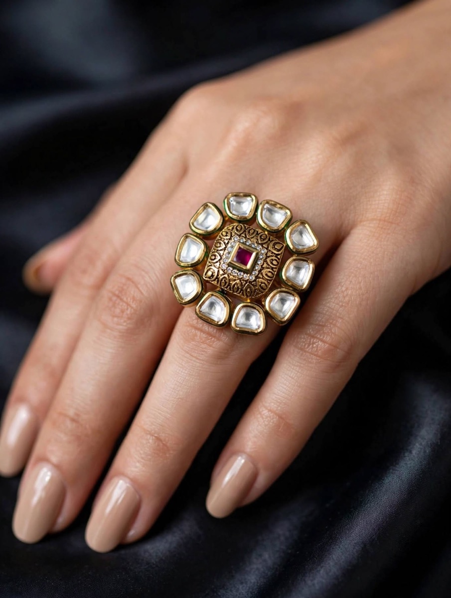 Gulabi Kundan Blossom Ring