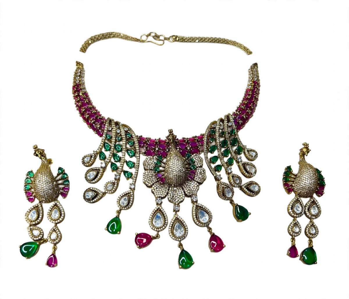 Royal Peacock Ruby-Emerald AD Bridal Necklace Set