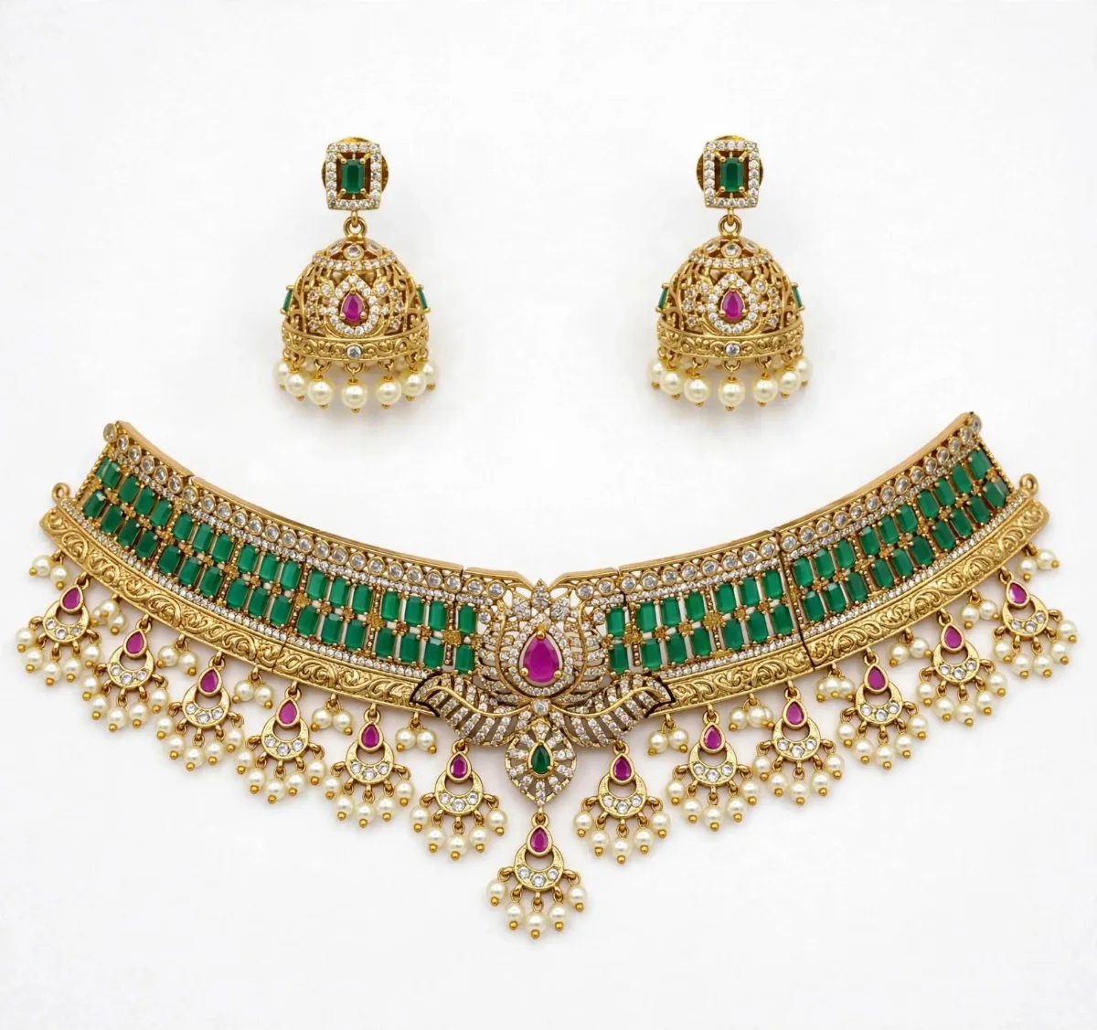 Rajwadi Emerald Green Bridal Choker Set