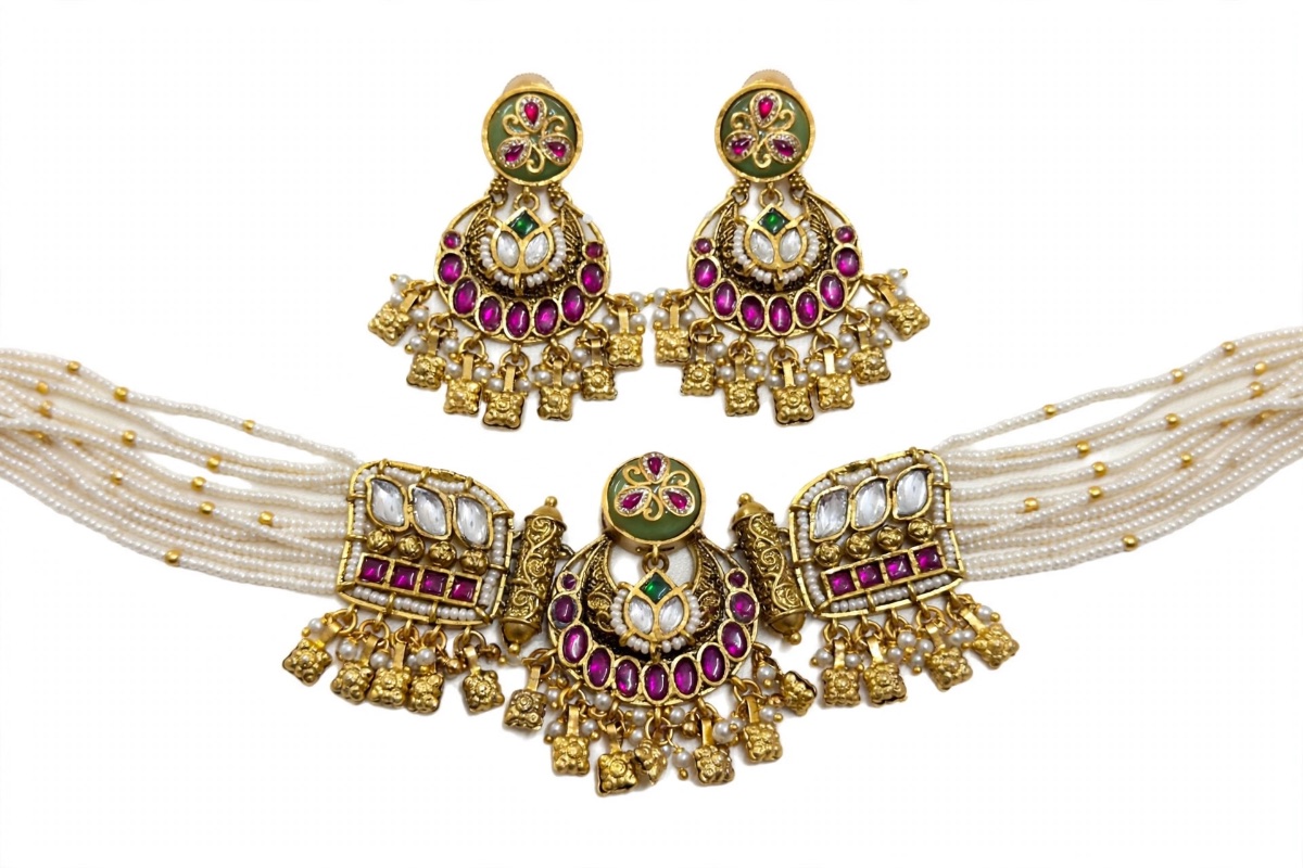 Rani-Pink Kundan Pearl Choker Set