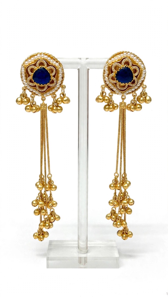 Blue Stone Pearl Kashmiri Tassel Jhumk