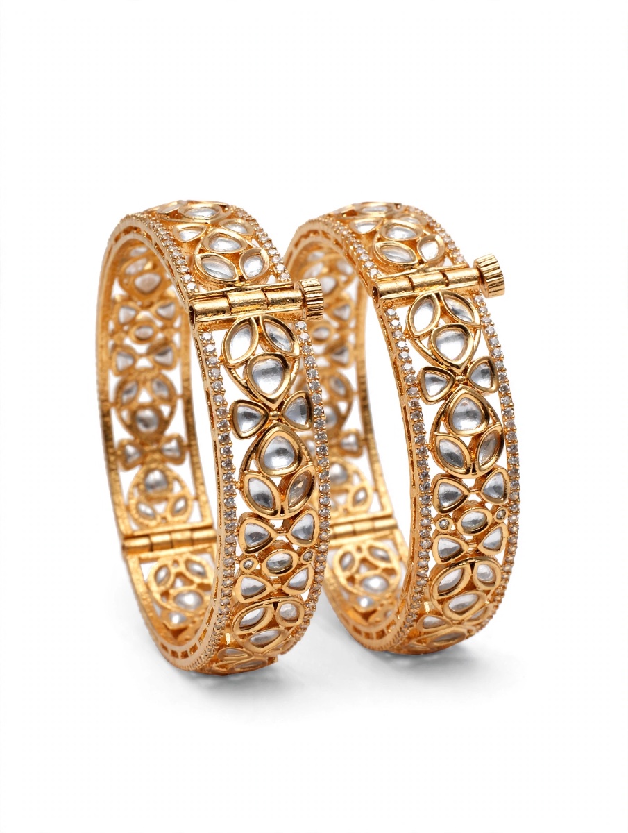 Gold Plated Kundan Polki Openable Kada Pair - Bridal Bangles (Set of 2)