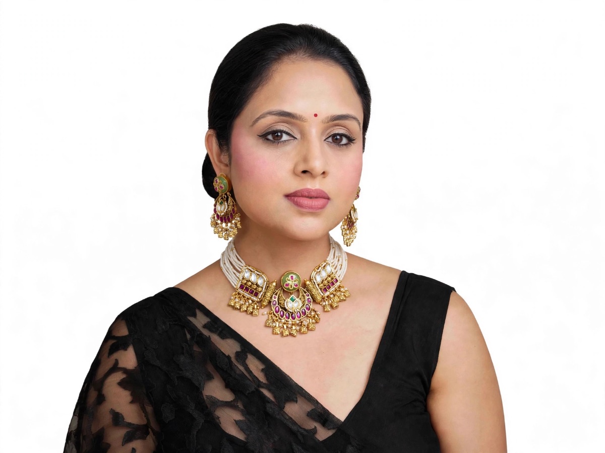 Rani-Pink Kundan Pearl Choker Set – view 2