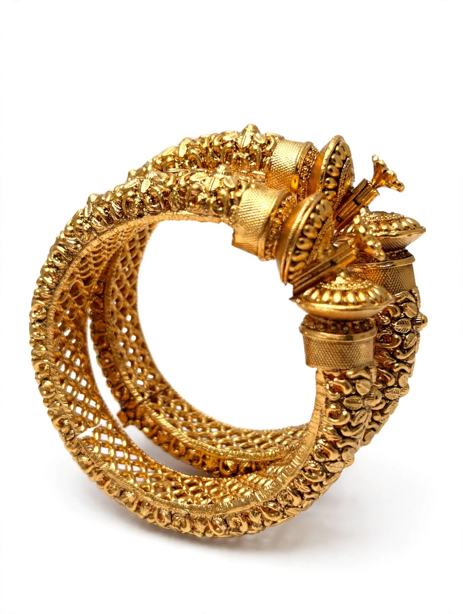 Royal Antique Temple Openable Kada Pair - Gold Plated Bridal Rajwadi Bangles (Set of 2)