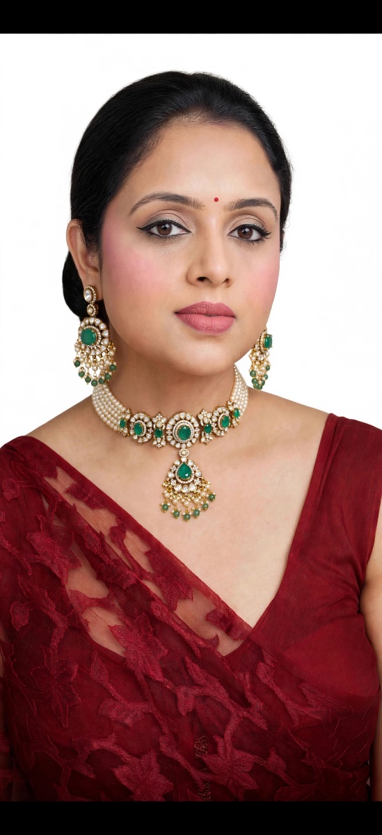Emerald Green Polki Kundan Bridal Choker Set – view 2