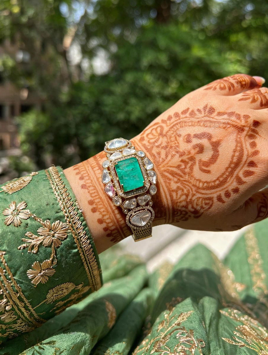 Maharani Emerald Doublet Polki Kada - Single Statement Bracelet