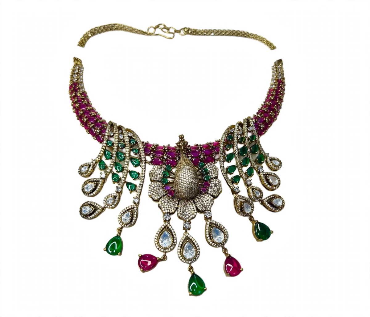 Royal Peacock Ruby-Emerald AD Bridal Necklace Set – view 4