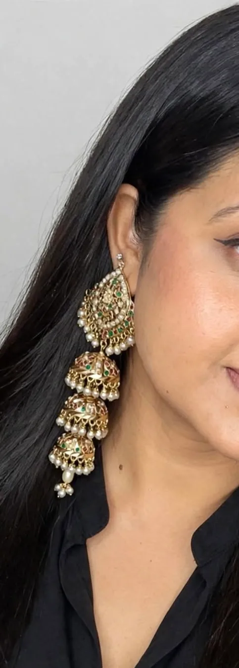 Gold Antique Triple Layer Pearl Jadau Jhumka Earrings
