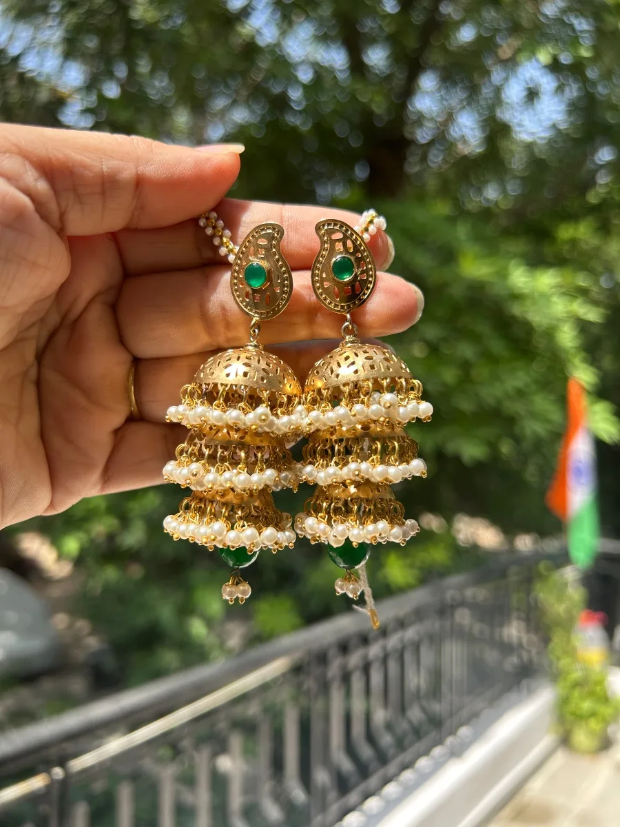 Emerald Paisley Triple Layer Pearl Jhumka Earrings with Sahara