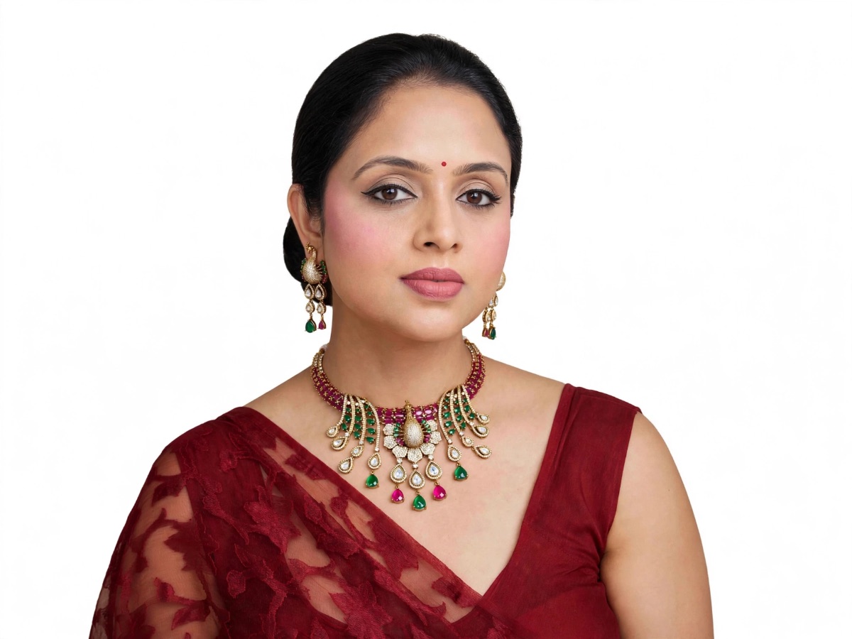 Royal Peacock Ruby-Emerald AD Bridal Necklace Set – view 2