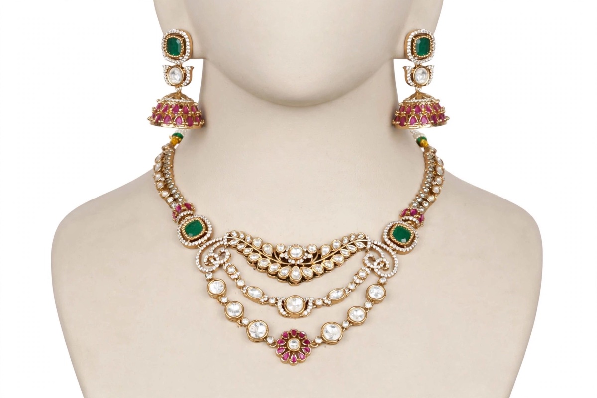 Traditional Kundan-Style Green & Ruby Bridal Necklace Set with Earrings – view 4