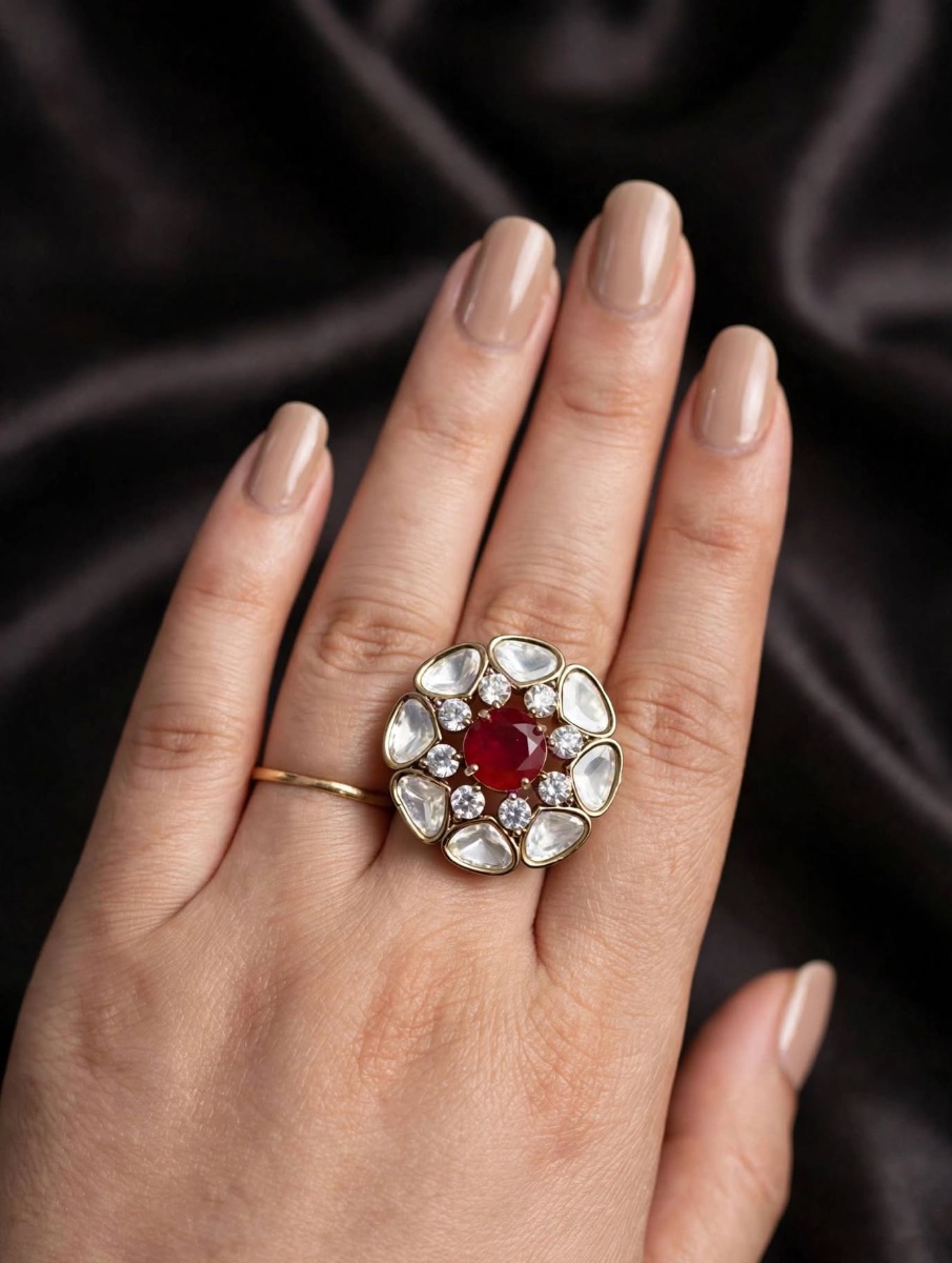 Ruby Blossom Polki Flower Ring