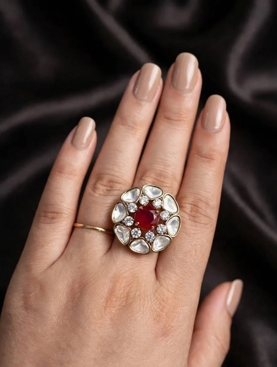 Ruby Blossom Polki Flower Ring