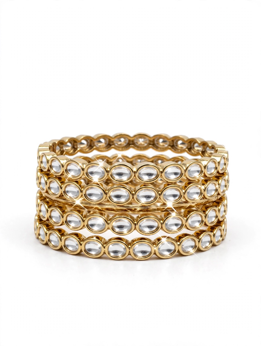 Gold Plated Kundan Polki Oval Churi Set - High Shine Bridal Kundan Bangles (Set of 4)