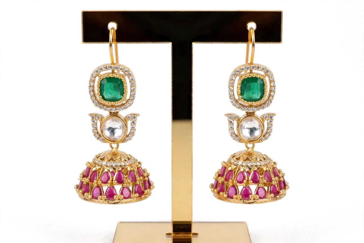 Traditional Kundan-Style Green & Ruby Bridal Necklace Set with Earrings – view 5