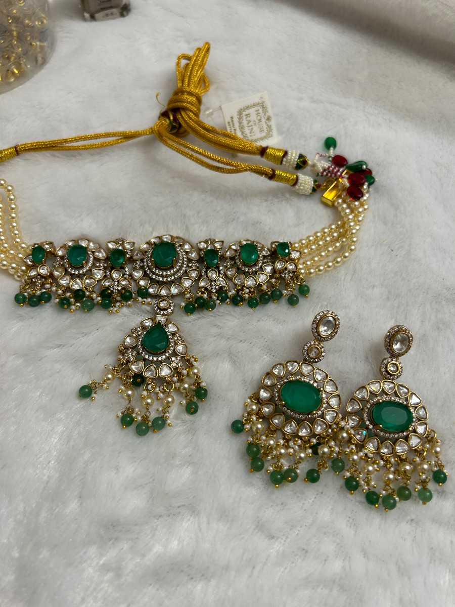 Emerald Green Polki Kundan Bridal Choker Set – view 7