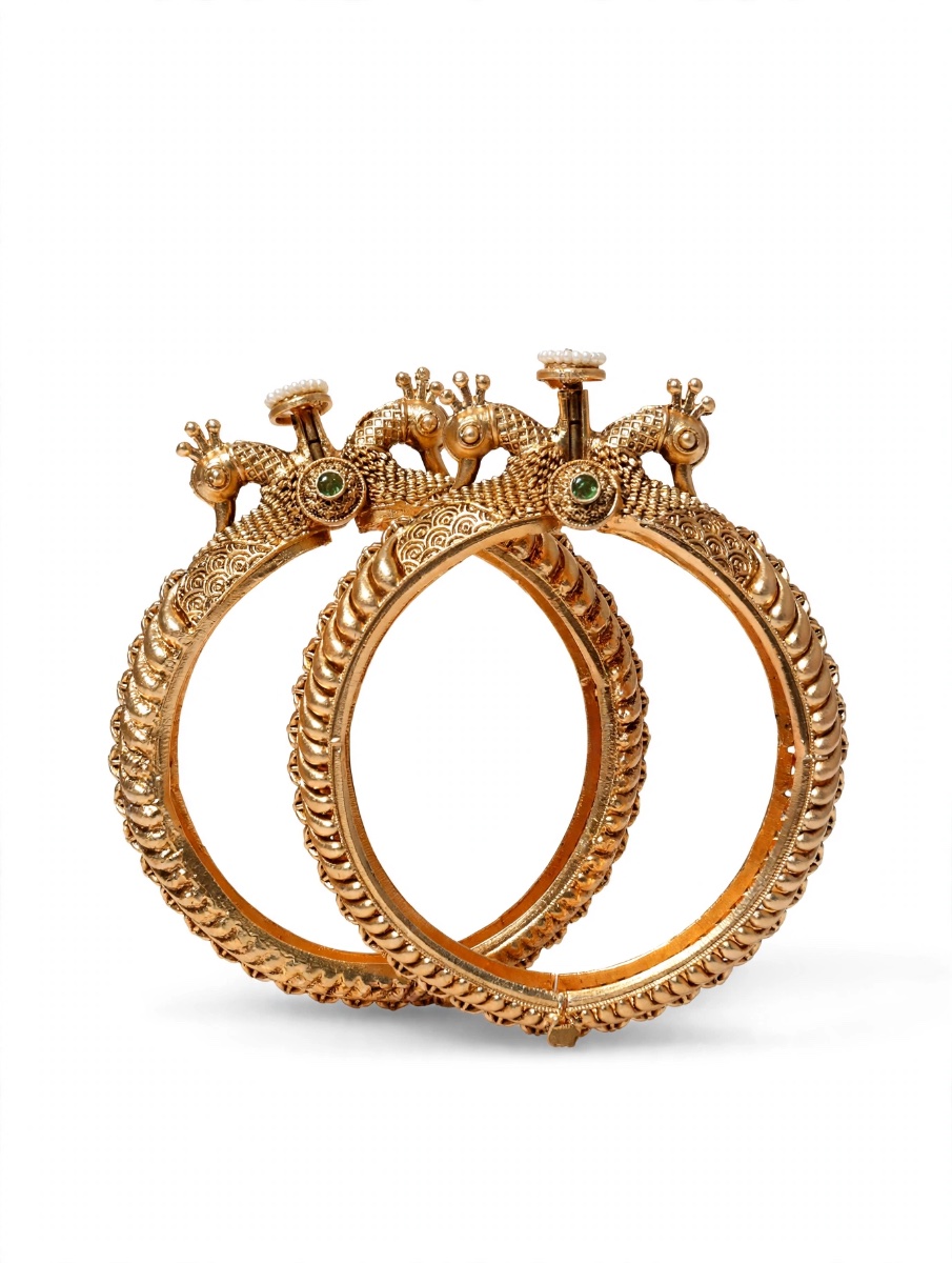 Royal Peacock Antique Temple Kada Pair - Gold Plated Mayur Bridal Bangles with Pearl Top (Set of 2)