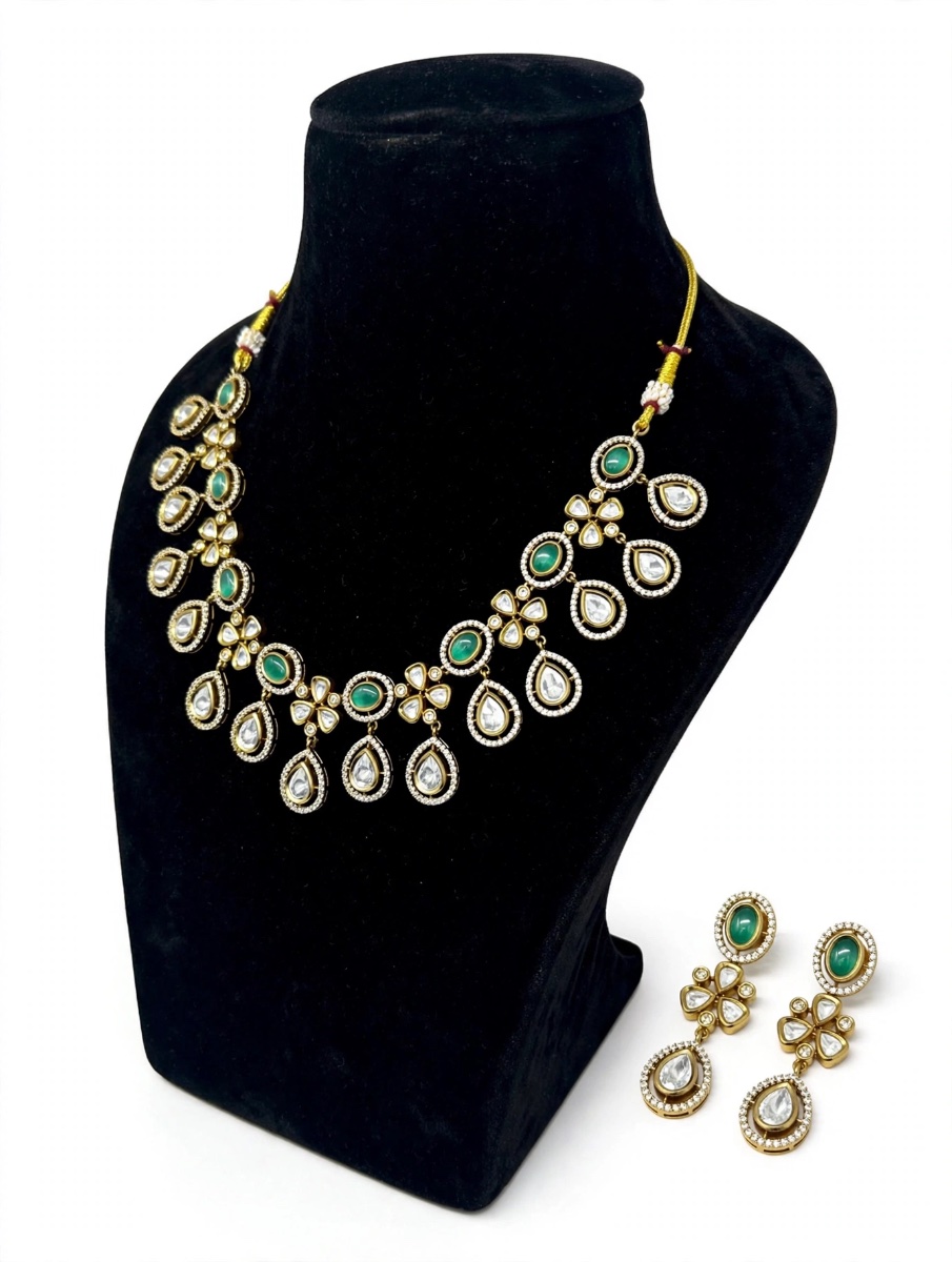 Emerald Aura - Victorian Kundan Polki Necklace Set with Earrings – view 7