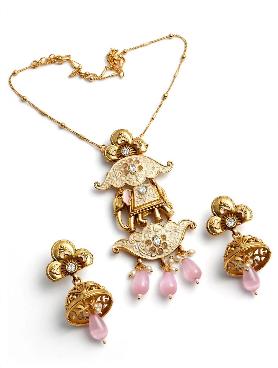Guldasta Elephant Meenakari Pendant Set