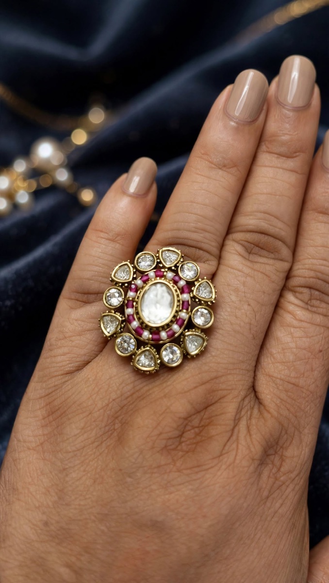 Ivory Pearl Ruby Beaded Polki Halo Ring - Adjustable